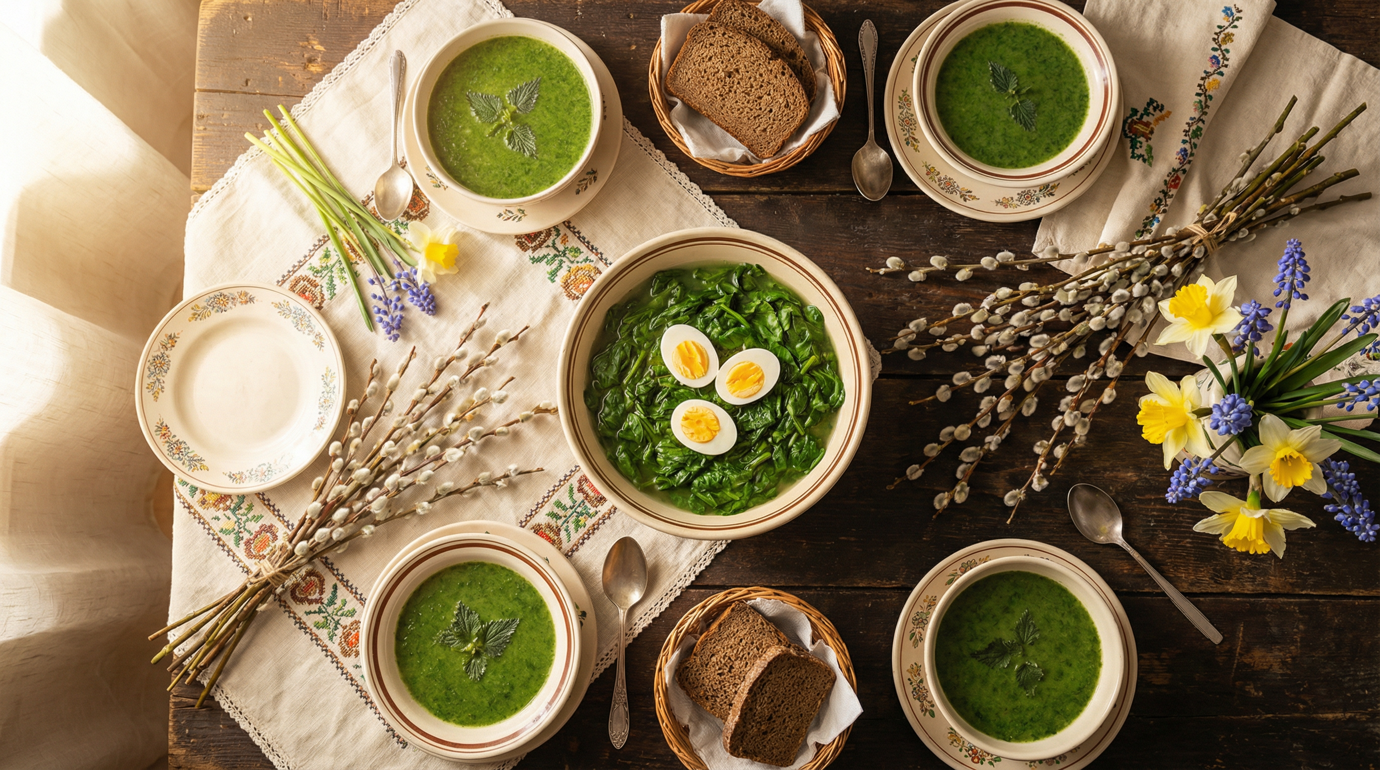 Prestretý stôl na Zelený štvrtok so špenátom, vajíčkami, žihľavovou polievkou a bahniatkami